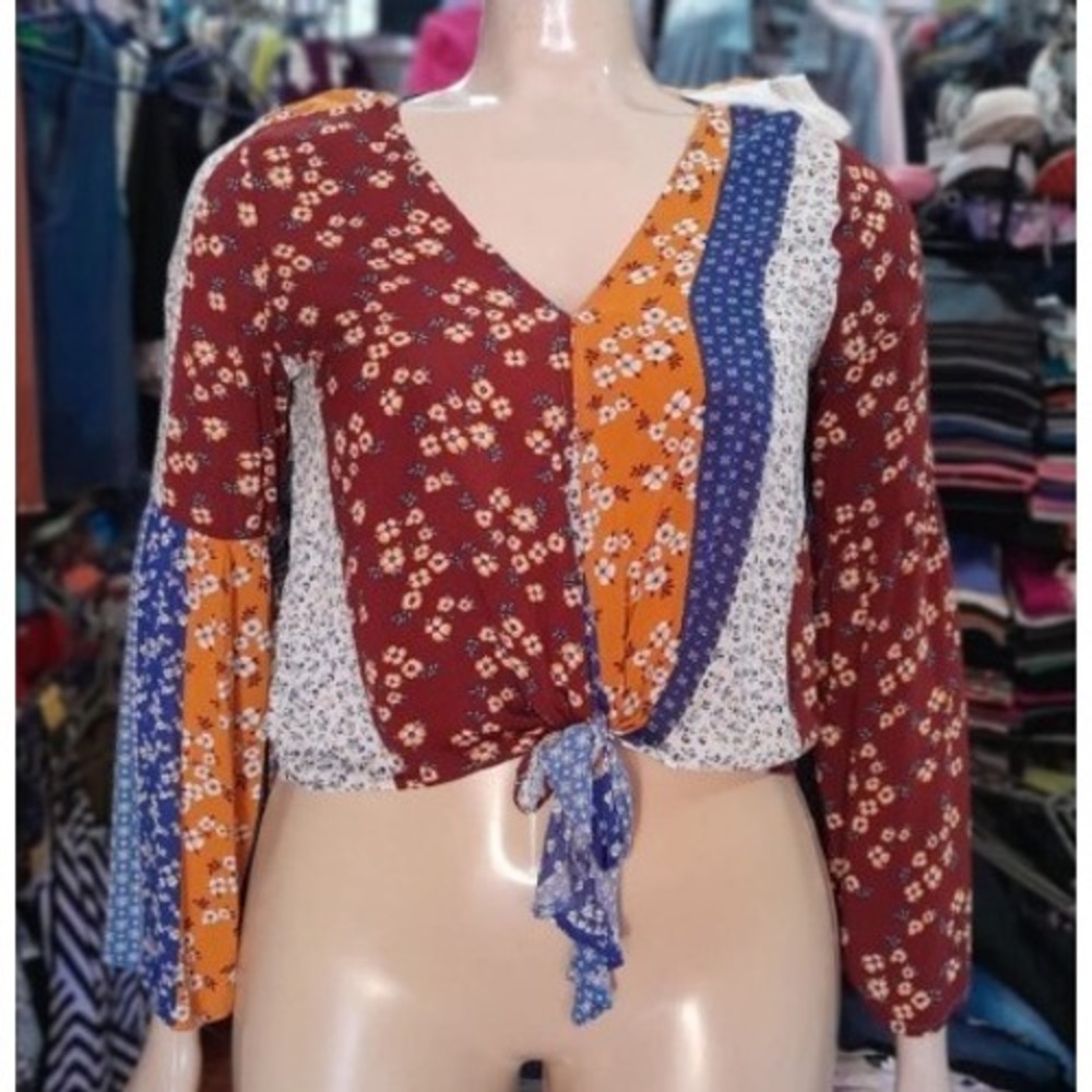Polly & Esther Blue and Mustard Mixed Floral Tie-Front Blouse - Picture 10 of 10